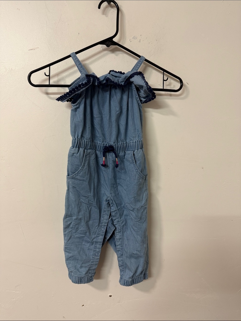Girls Blue Chambray Jumpsuit with Ruffle Trim